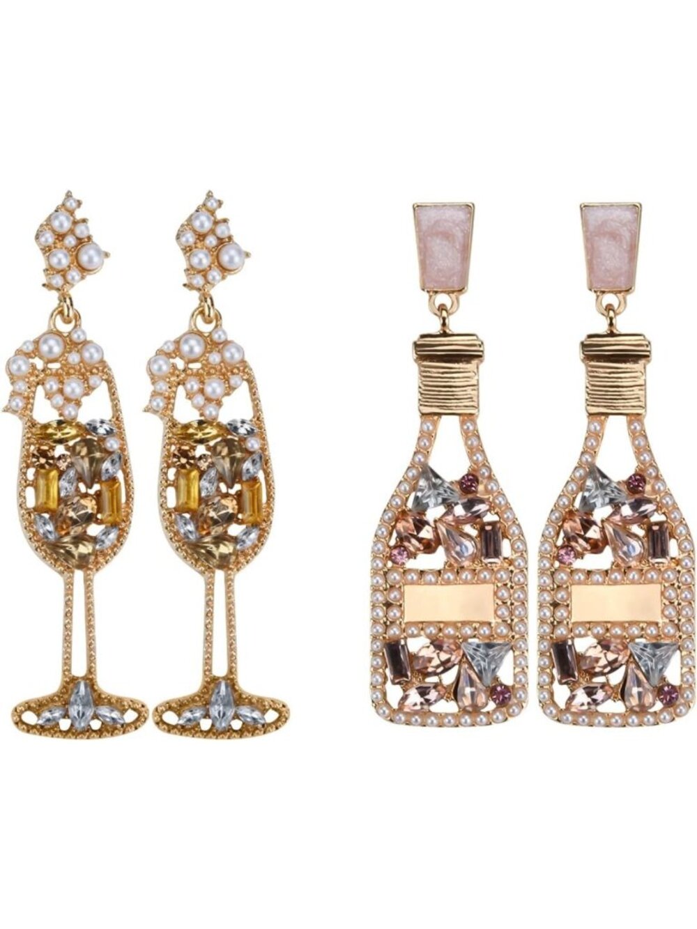 Sparkly Champagne Bottle Drop Dangle Earrings - 2 Pairs, Rhinestone Statement